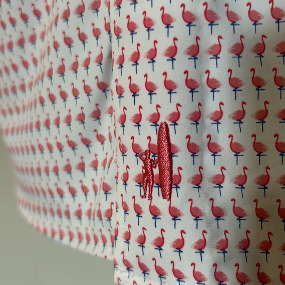 JOHNNIE-O TOP SHELF MENS LARGE SHORT SLEEVE BUTTON UP FLAMINGO PRINT - Picture 3 of 6